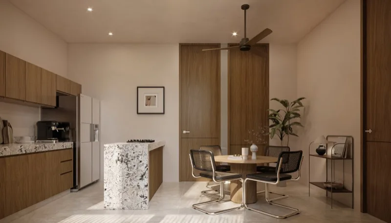 Sala comedor del modelo Huna Single de 43 m²