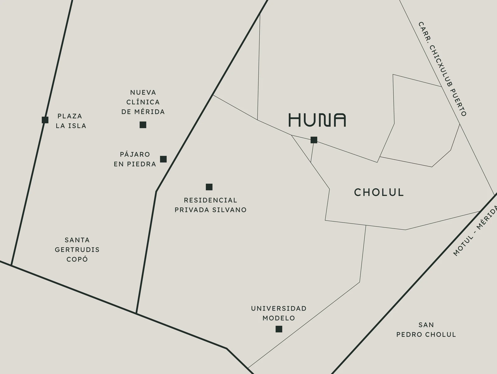 Mapa de la zona de Cholul con la ubicación de Huna y sus referencias cercanas: Plaza La Isla, Nueva Clínica de Mérida, Pájaro en Piedra, Residencial Privada Silvano, Santa Gertrudis Copó, Universidad Modelo y San Pedro Cholul.