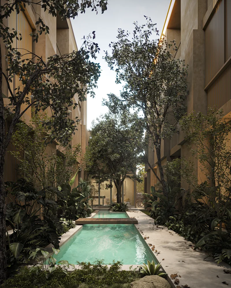 Patio central con alberca en Huna, Cholul