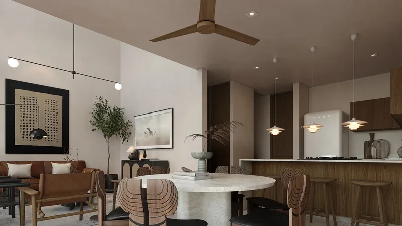 Sala, comedor y cocina del modelo Crown de Xunáan