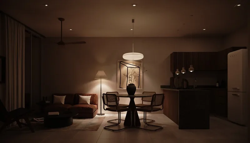 Sala, comedor y cocina de noche