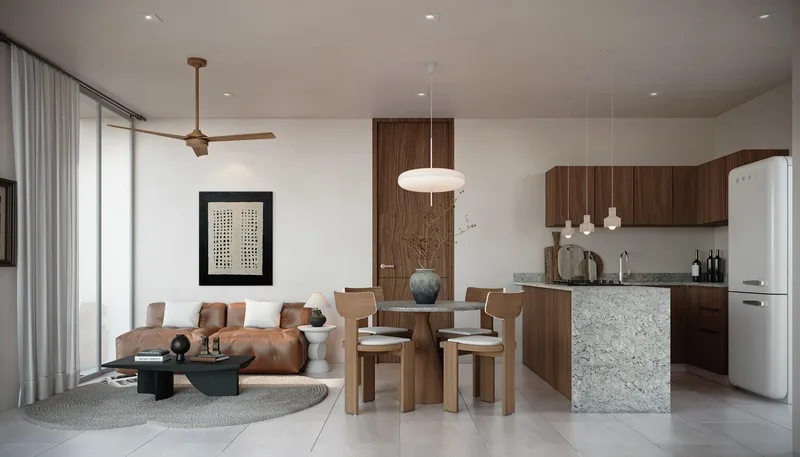 Sala, comedor y cocina del modelo Double de dos recámaras
