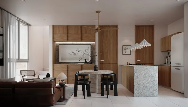 Sala, comedor y cocina del modelo Town de Xunáan